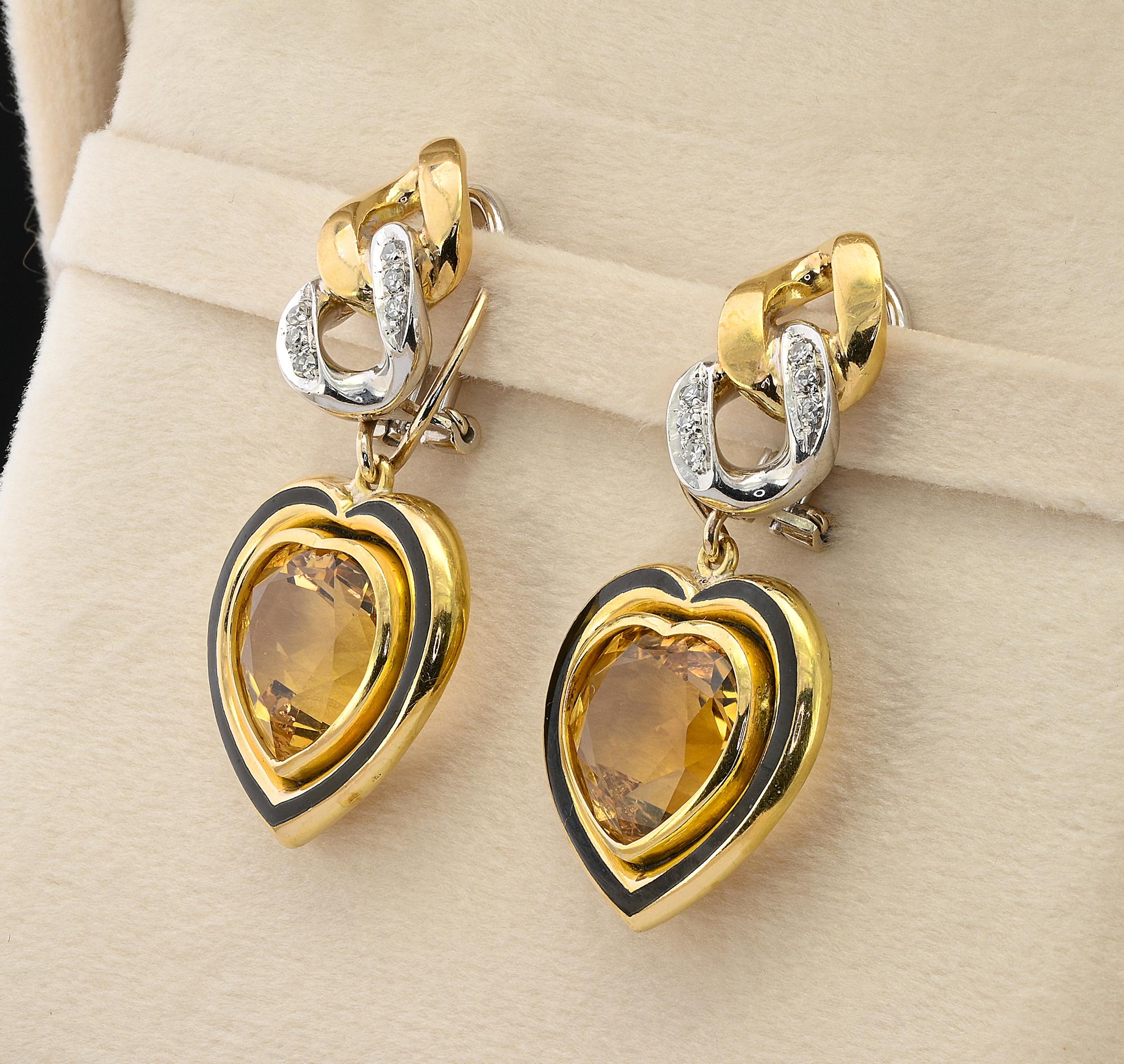 Estate Heart Shaped Citrine Black Enamel Diamond 18 KT Earrings In Good Condition For Sale In Napoli, IT