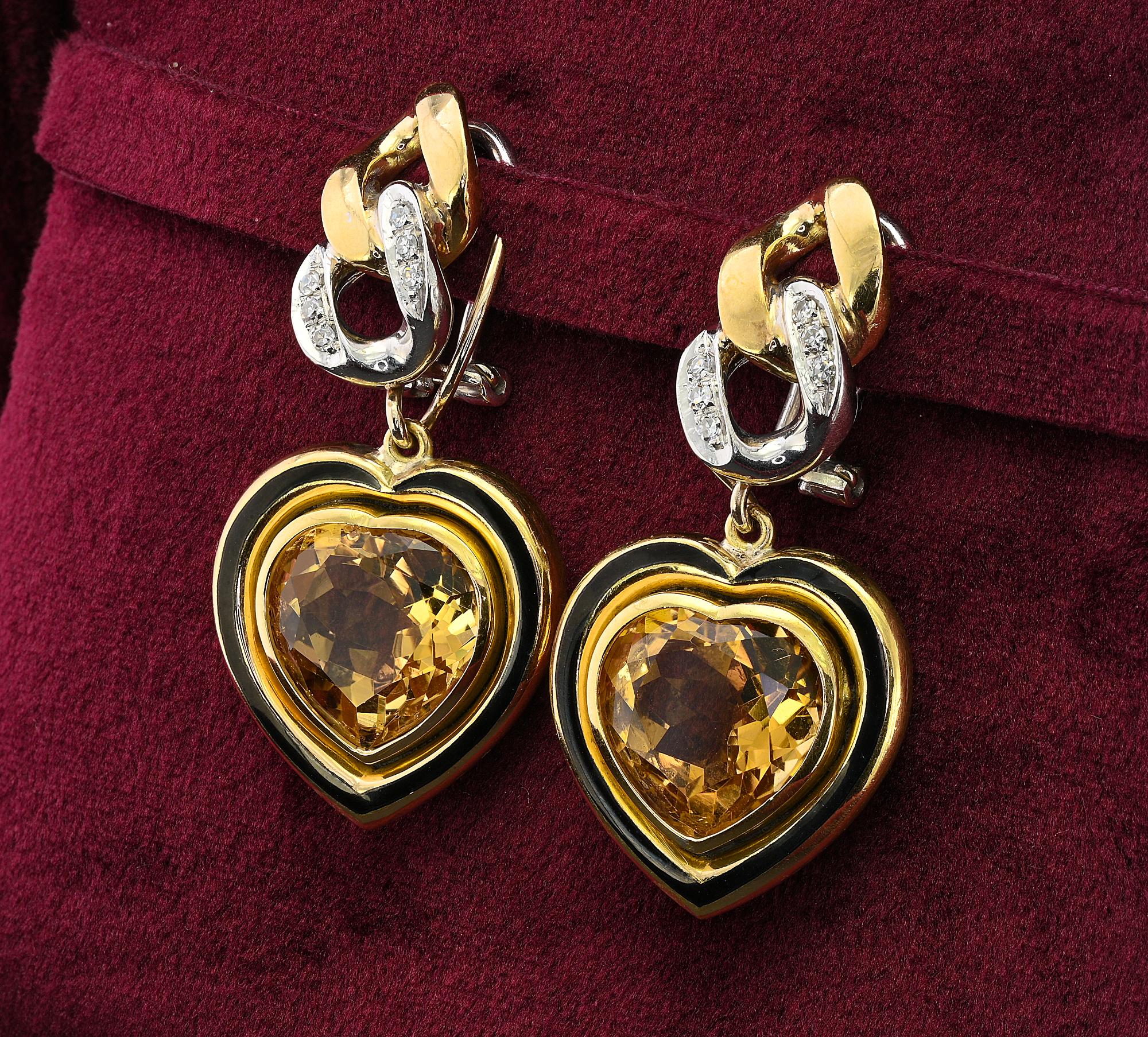 Women's Estate Heart Shaped Citrine Black Enamel Diamond 18 KT Earrings For Sale