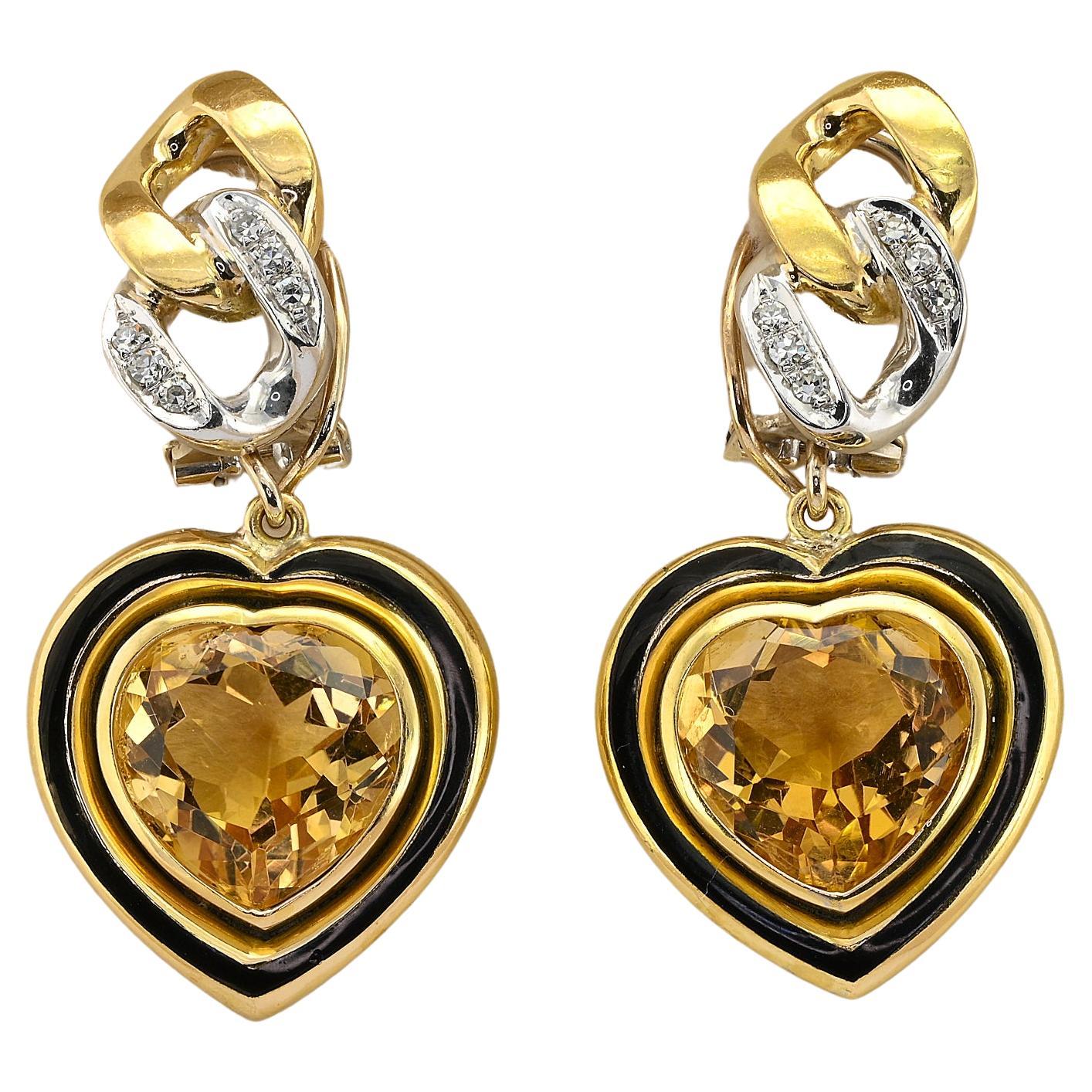 Estate Heart Shaped Citrine Black Enamel Diamond 18 KT Earrings For Sale