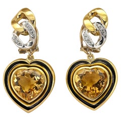 Vintage Estate Heart Shaped Citrine Black Enamel Diamond 18 KT Earrings