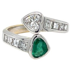 Vintage Estate Hearts Emerald Diamond Vous et Moi Gold Ring