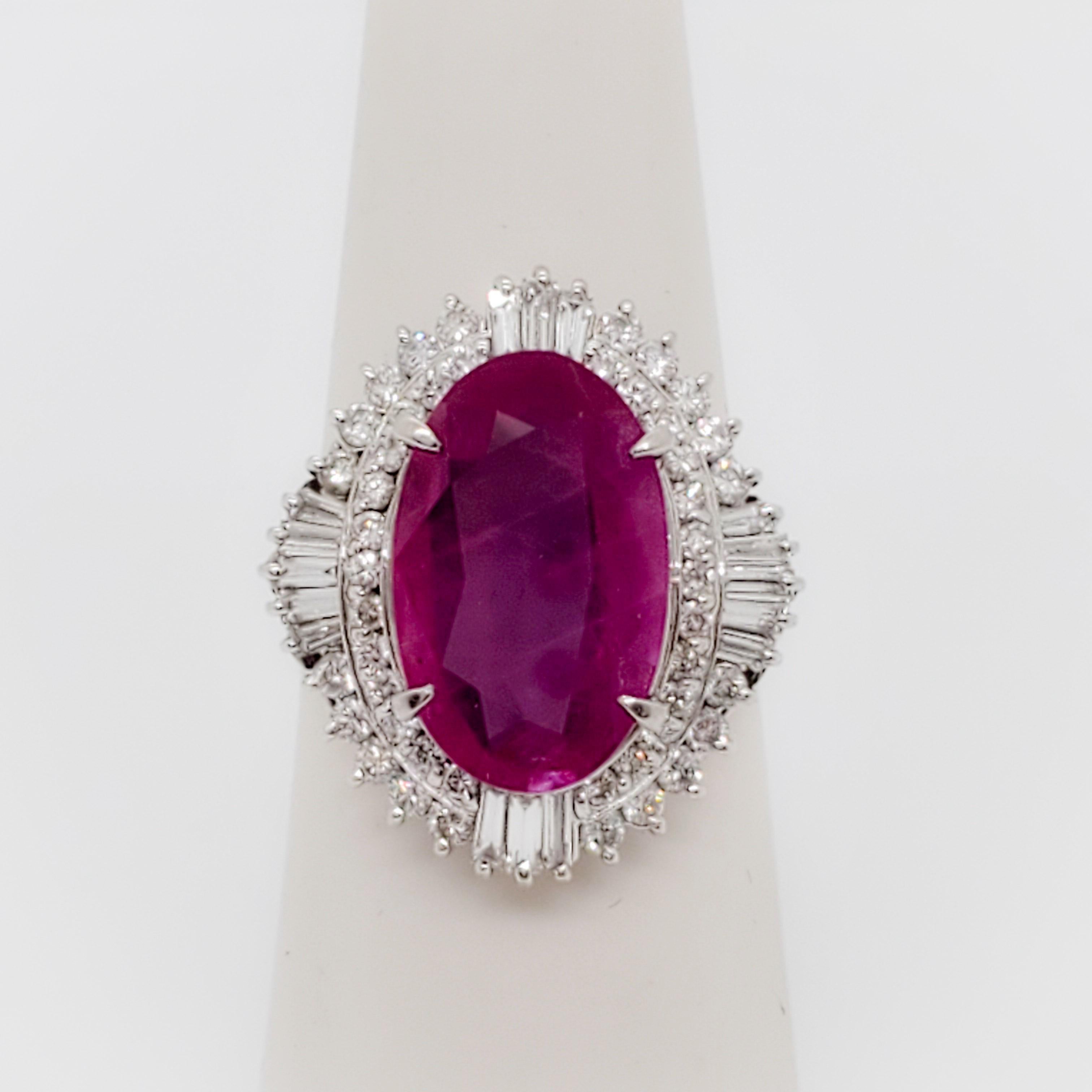 Estate Heated Purplish Pink Sapphire Oval and White Diamond Cocktail Ring 1