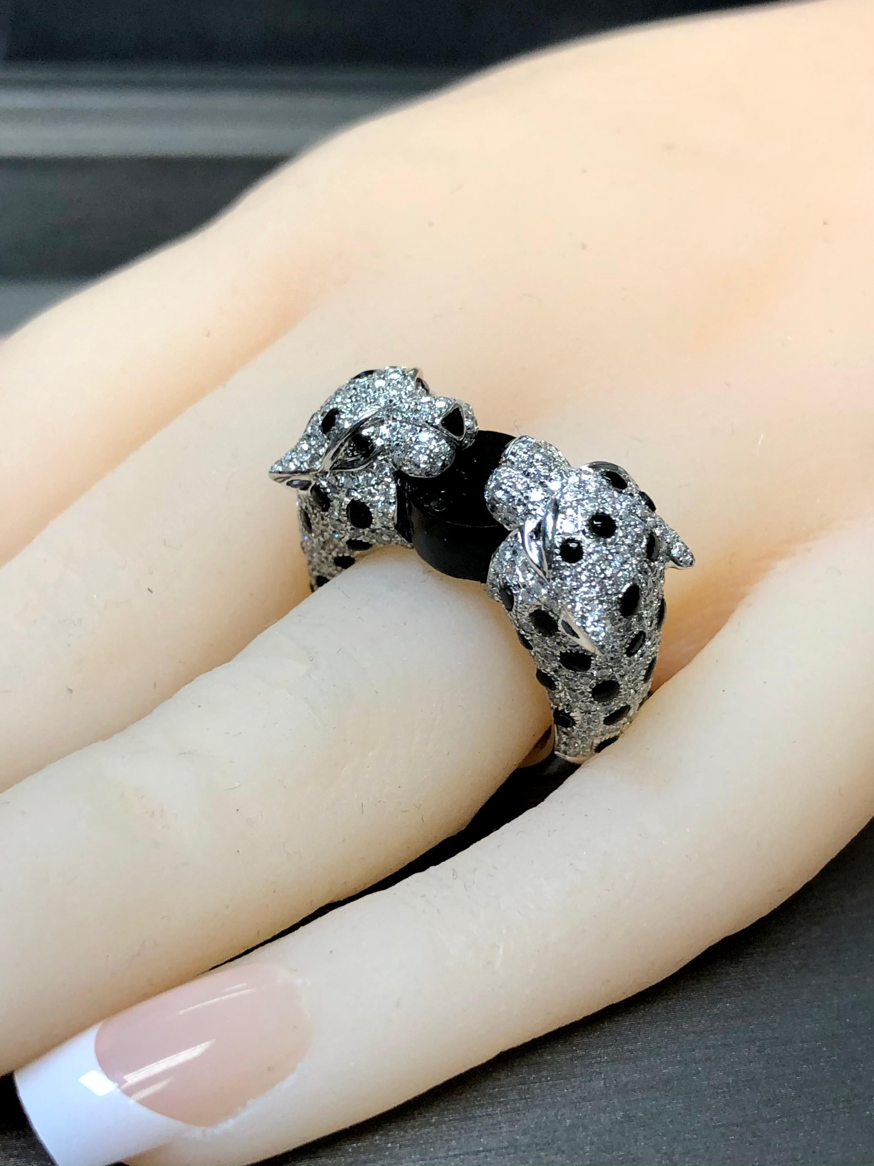 Estate Heavy 18K Diamond Onyx Enamel Leopard Panther Cocktail Ring 3cttw As 6.5 For Sale 5