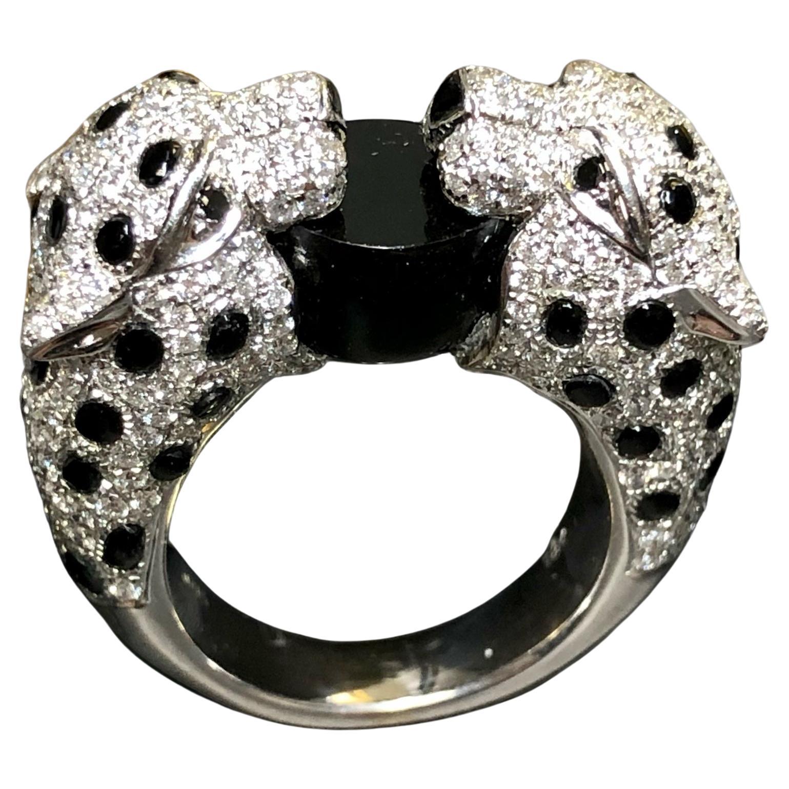 Estate Heavy 18K Diamond Onyx Enamel Leopard Panther Cocktail Ring 3cttw As 6.5 For Sale