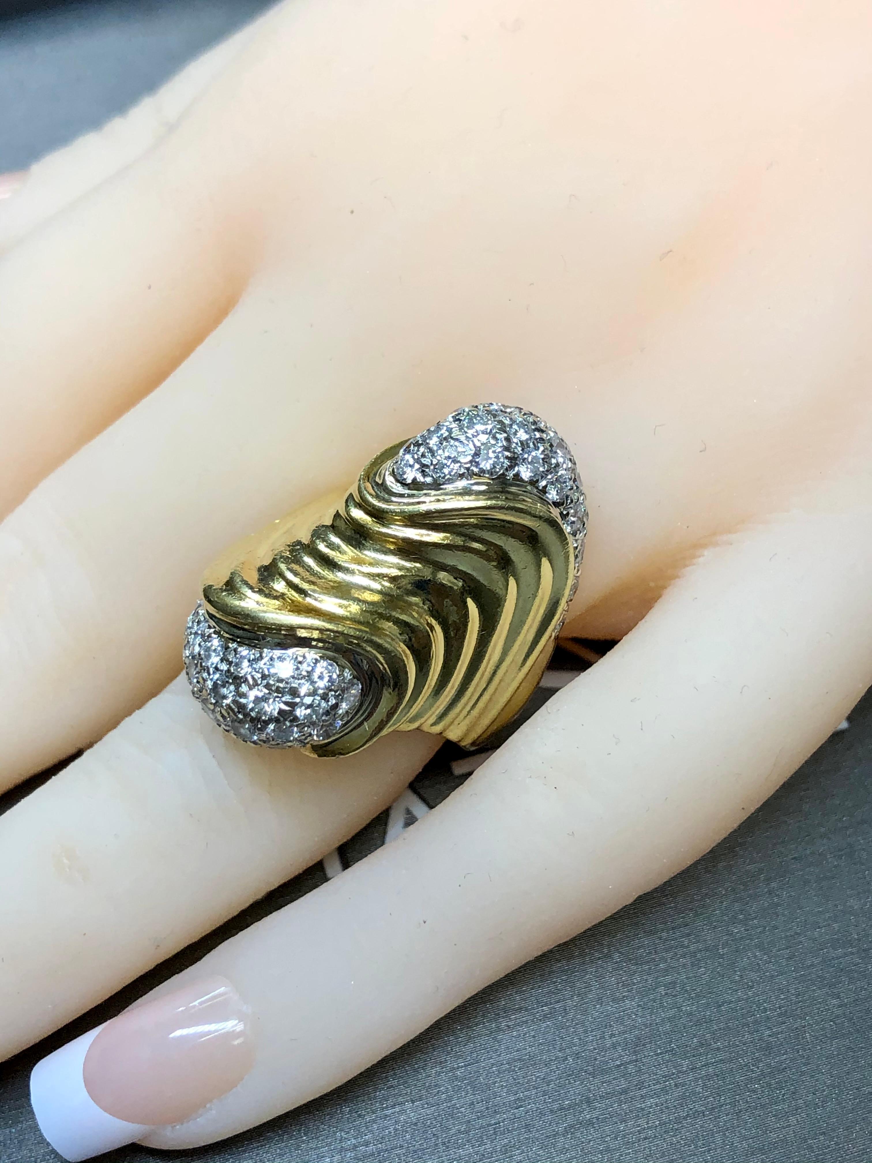 Estate Heavy 18k Yellow Gold Wave Ripple Pave Diamond Cocktail Ring 2.50ctw For Sale 4