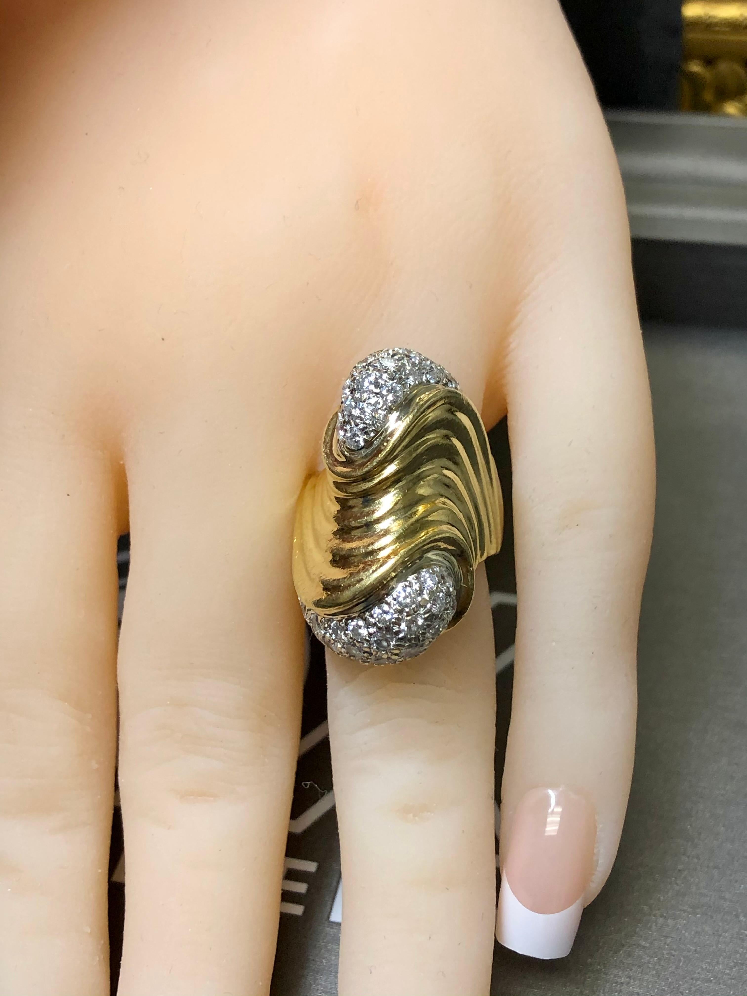 Estate Heavy 18k Yellow Gold Wave Ripple Pave Diamond Cocktail Ring 2.50ctw For Sale 7