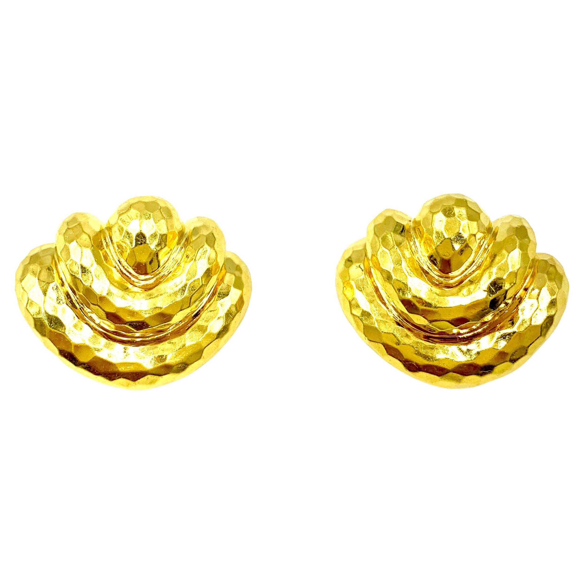 Large and impressive, Henry Dunay 18K hammered yellow gold statement earrings 
Length: 1.44 inches
Width: 1.25 inches
Weight: 36.2 grams
Provenance: from the estate of a celebrated Washington DC and Newport socialite who counted John F. Kennedy,