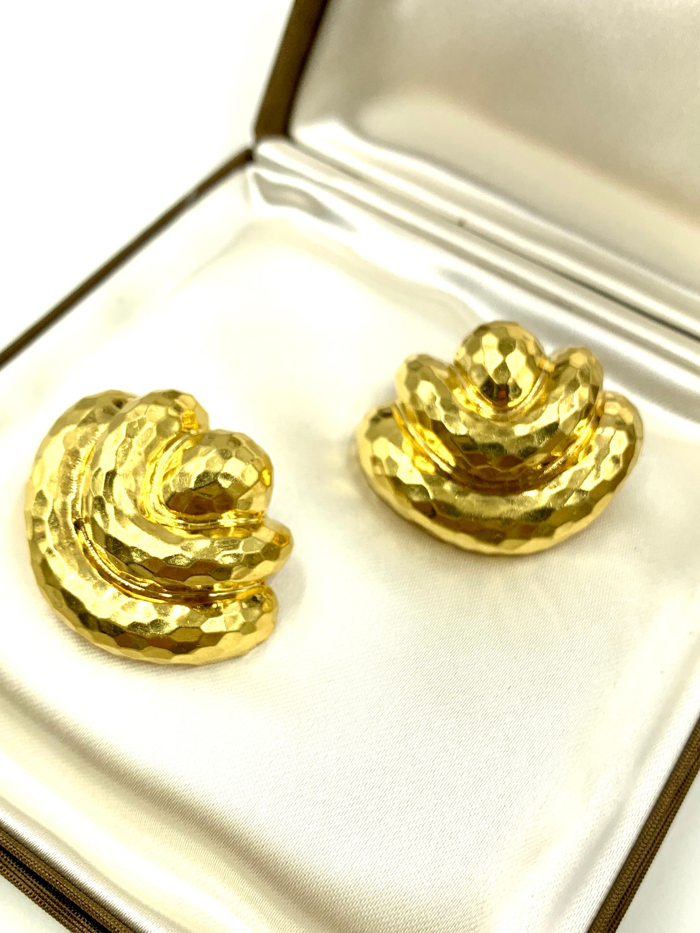 Women's Estate Henry Dunay 18K Hammered Yelllow Gold Substantial Statement Earrings