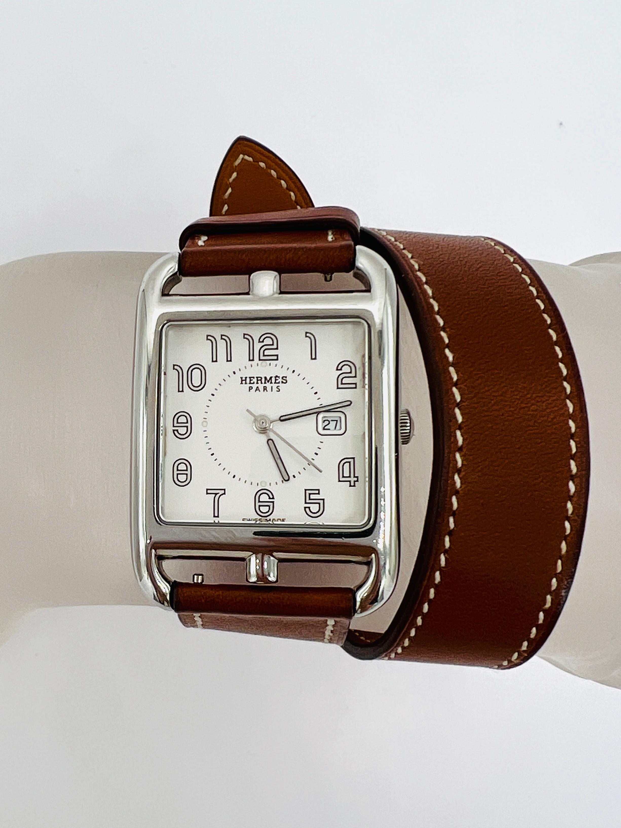 Beautiful estate Hermes Cape Cod large 37 mm watch with brown leather strap.  