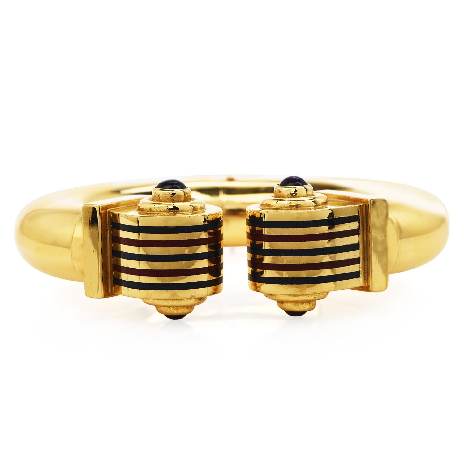 Modern  Estate High polish Italian Gold Amethyst Enamel Cuff Bangle  Bracelet  For Sale