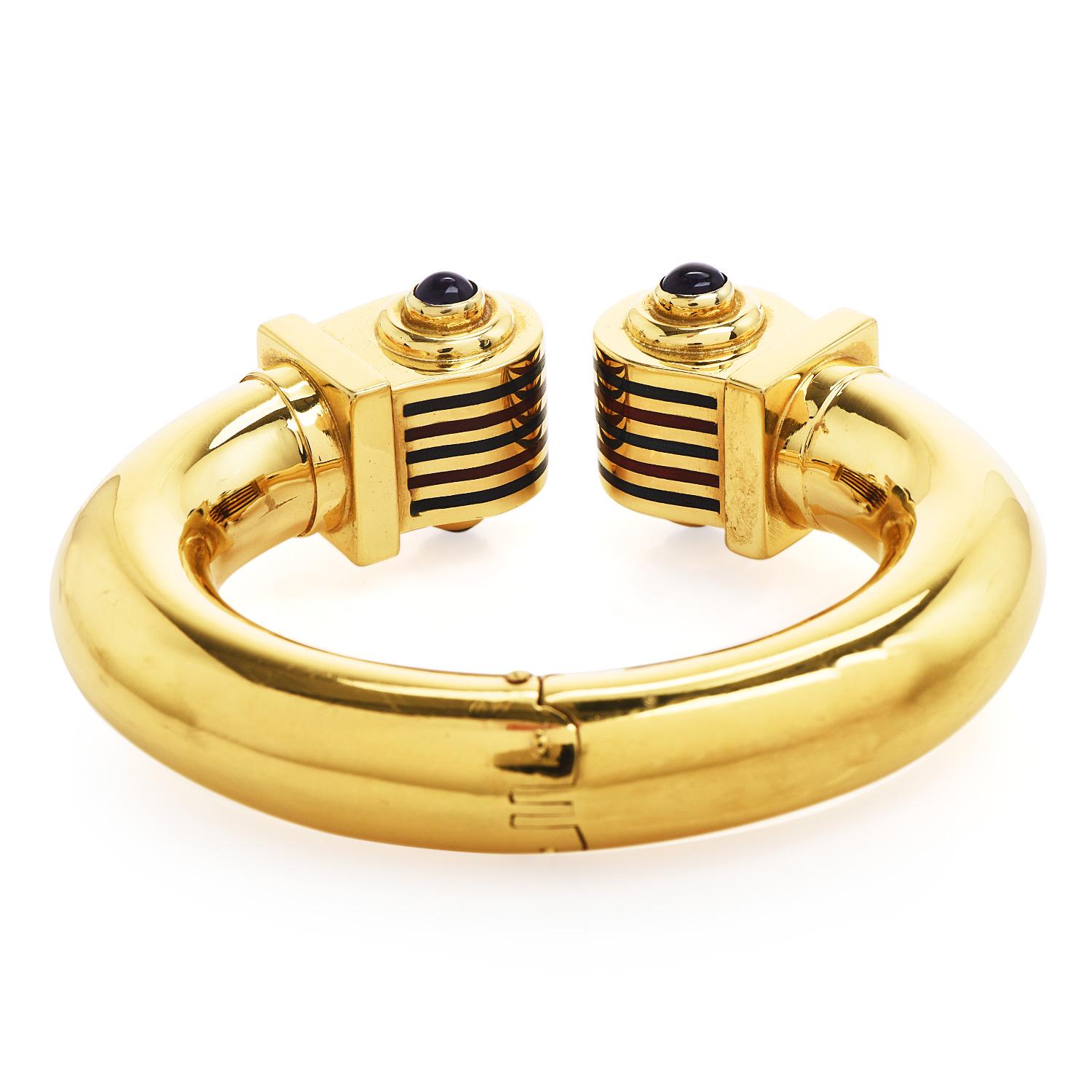  Estate High polish Italian Gold Amethyst Enamel Cuff Bangle  Bracelet  In Excellent Condition For Sale In Miami, FL
