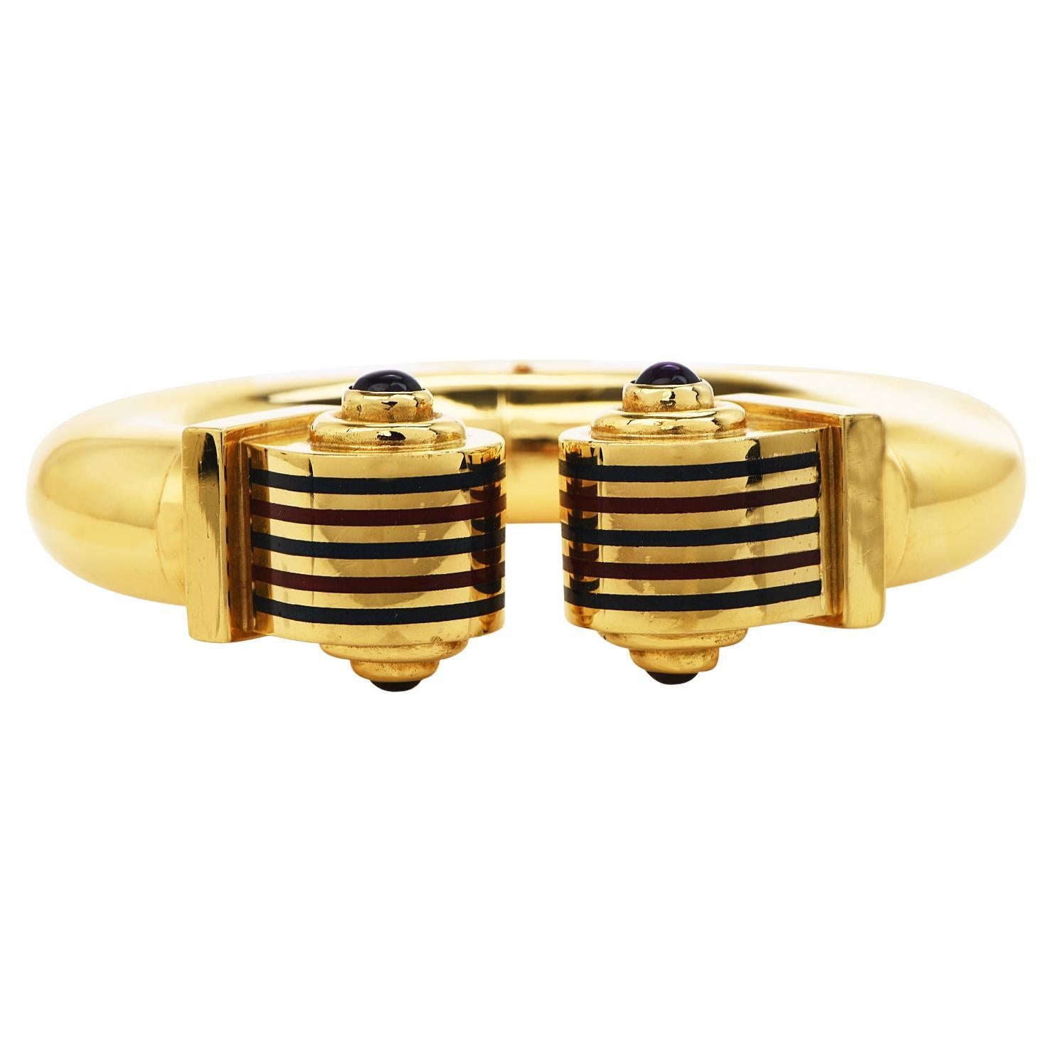 Estate High polish Italian Gold Amethyst Enamel Cuff Bangle  Bracelet  For Sale