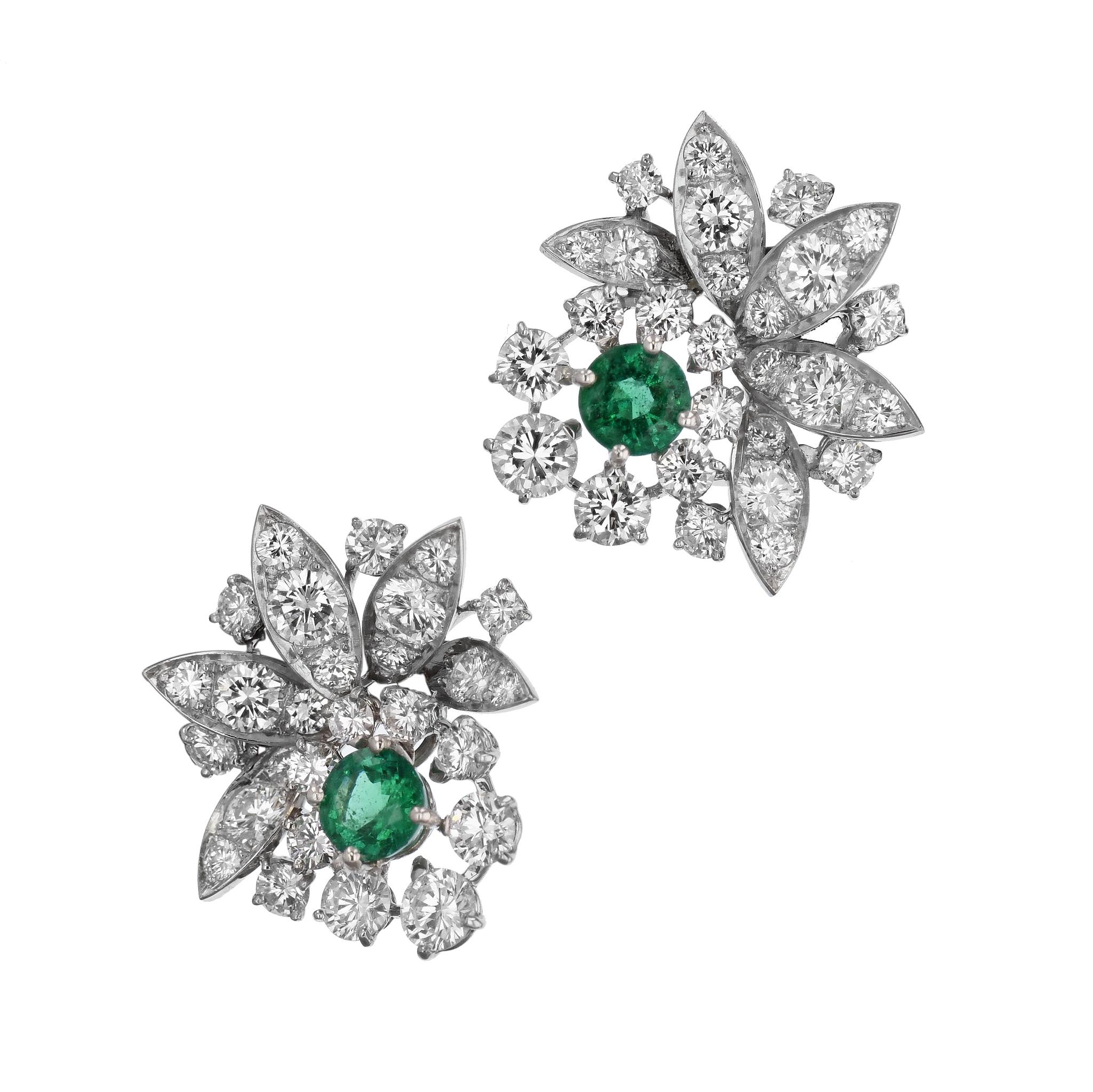 Round Cut Estate Hollywood Zambian Emeralds Platinum Diamond Estate Earrings For Sale