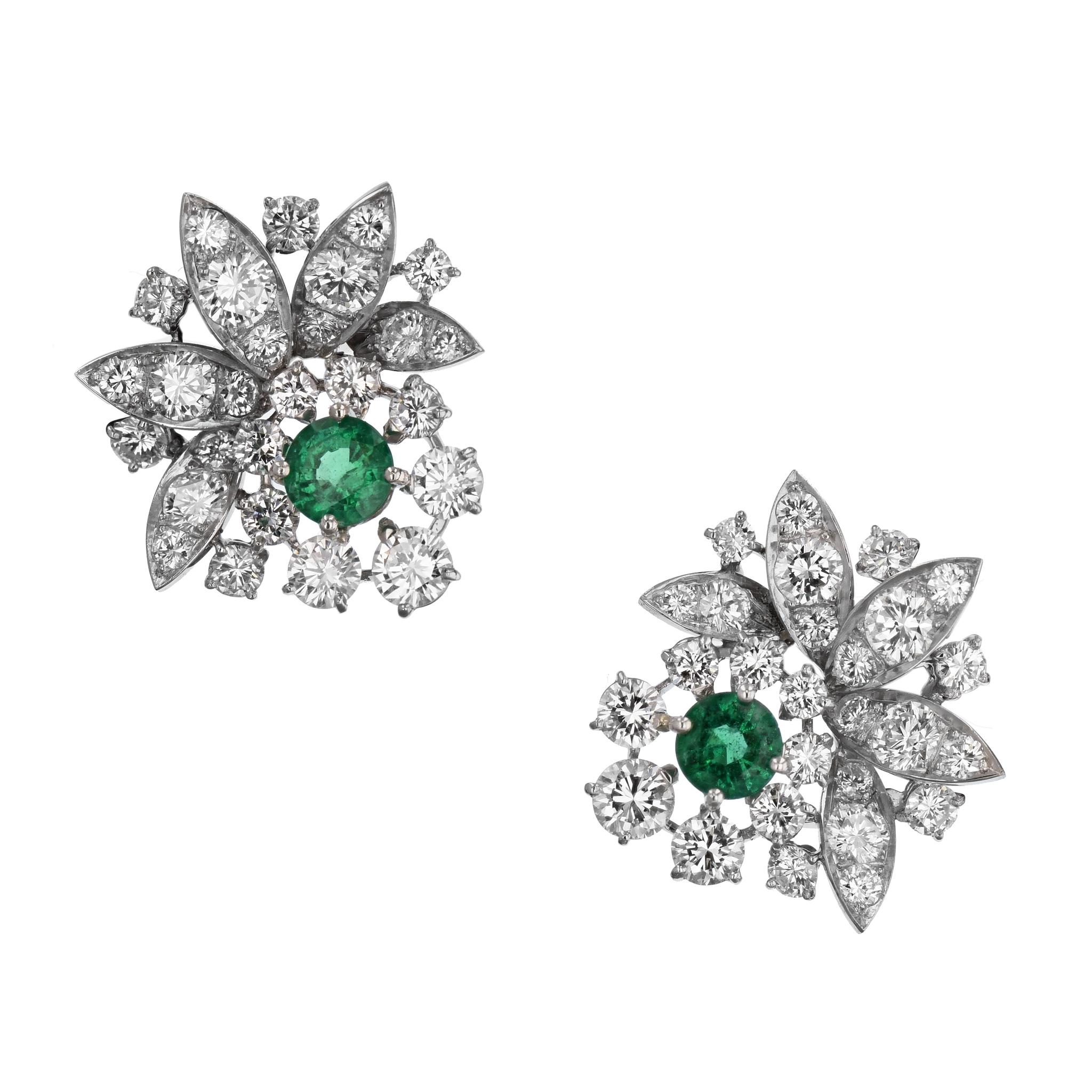 Estate Hollywood Zambian Emeralds Platinum Diamond Estate Earrings In Excellent Condition For Sale In Miami, FL