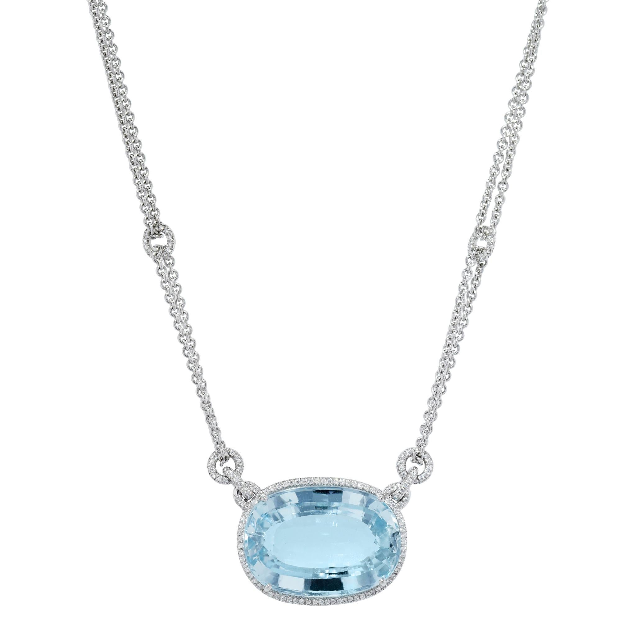 Women's Estate Huge 45.6 Carat Aquamarine Diamond Halo Pendant Diamond Cable Link Chain  For Sale