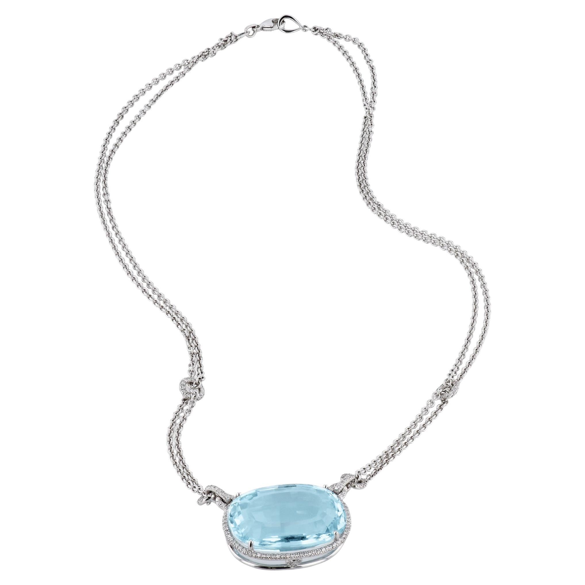 Estate Huge 45.6 Carat Aquamarine Diamond Halo Pendant Diamond Cable Link Chain  For Sale