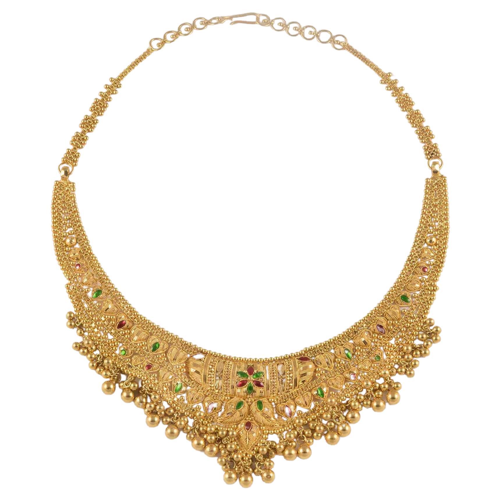 Estate Indian 20kt Yellow Gold and Enamel Bib Necklace For Sale