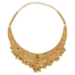 Estate Indian 20kt Yellow Gold and Enamel Bib Necklace