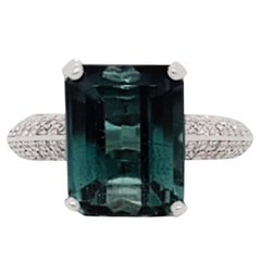 Estate Indicolite Tourmaline and Diamond Cocktail Ring in Platinum