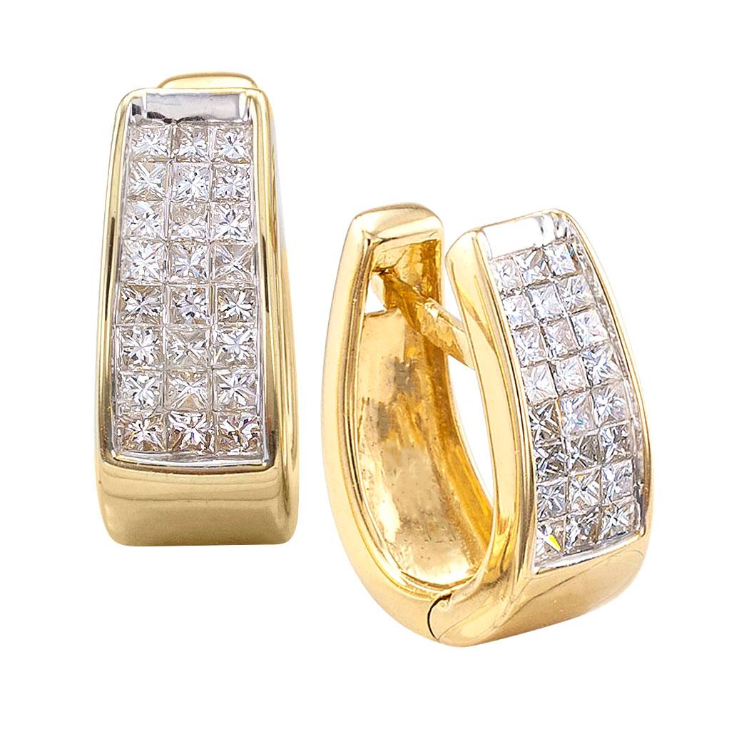 Estate invisibly set princess cut diamond and gold hoop earrings.  (Small scale earrings, see measurements.)

DETAILS:

DIAMONDS: forty-eight princess-cut diamonds totaling approximately 1.00 carat, approximately H – I color, VS – SI