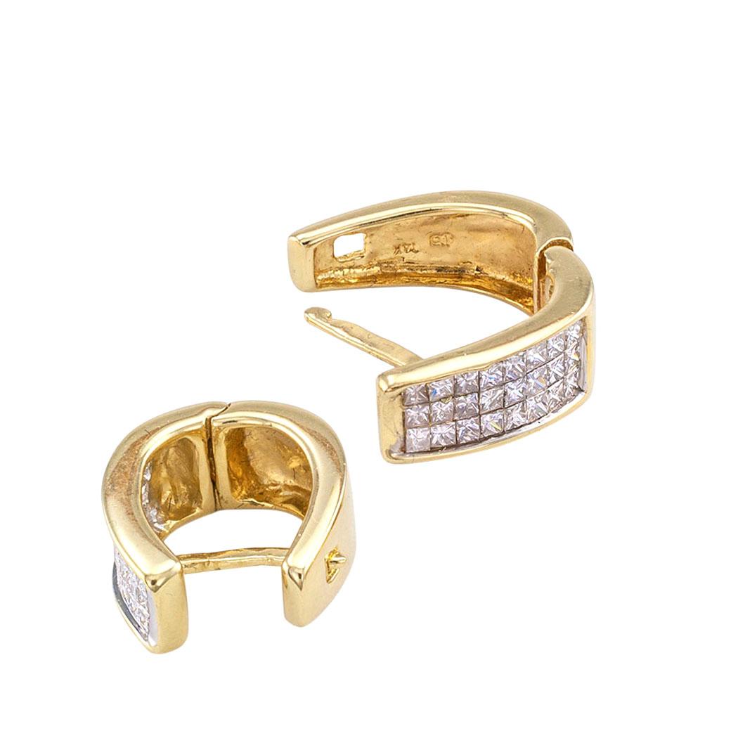 Contemporary Estate Invisibly Set Princess Cut Diamond Yellow Gold Hoop Earrings