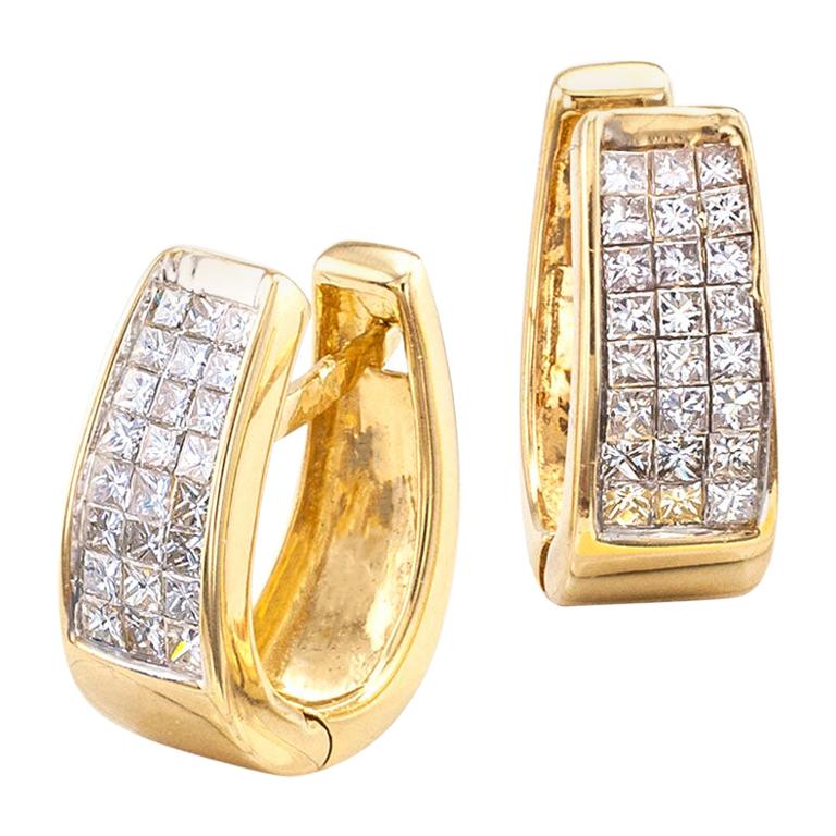 Estate Invisibly Set Princess Cut Diamond Yellow Gold Hoop Earrings at