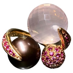 Estate iO Si 18K Rose Gold Diamond Pink Sapphire Pearl Rose Quartz Ring Sz 7.5