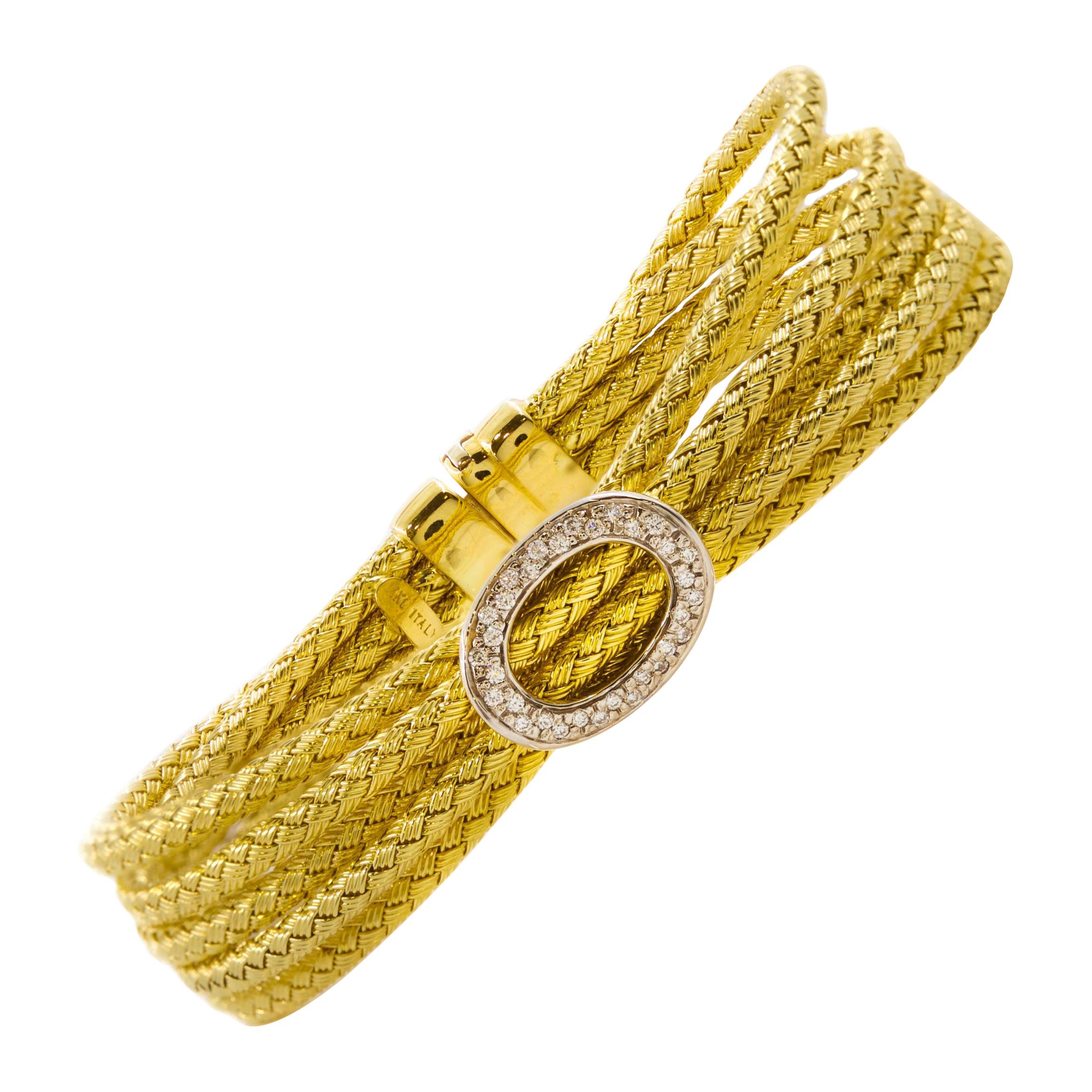 Bracelet italien à cinq câbles en or jaune 14 carats avec 32 diamants, ancienne propriété en vente