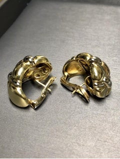 Estate Italian 18K Tri-Tone Yellow Rose White Bold Omega Quilted Huggie Earrings