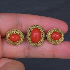 Estate Italian 18K Yellow Gold Blood Red Coral Earring & Ring Set 15.84g Size 8
