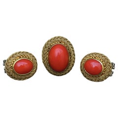 Estate Italian 18K Yellow Gold Blood Red Coral Earring & Ring Set 15.84g Size 8