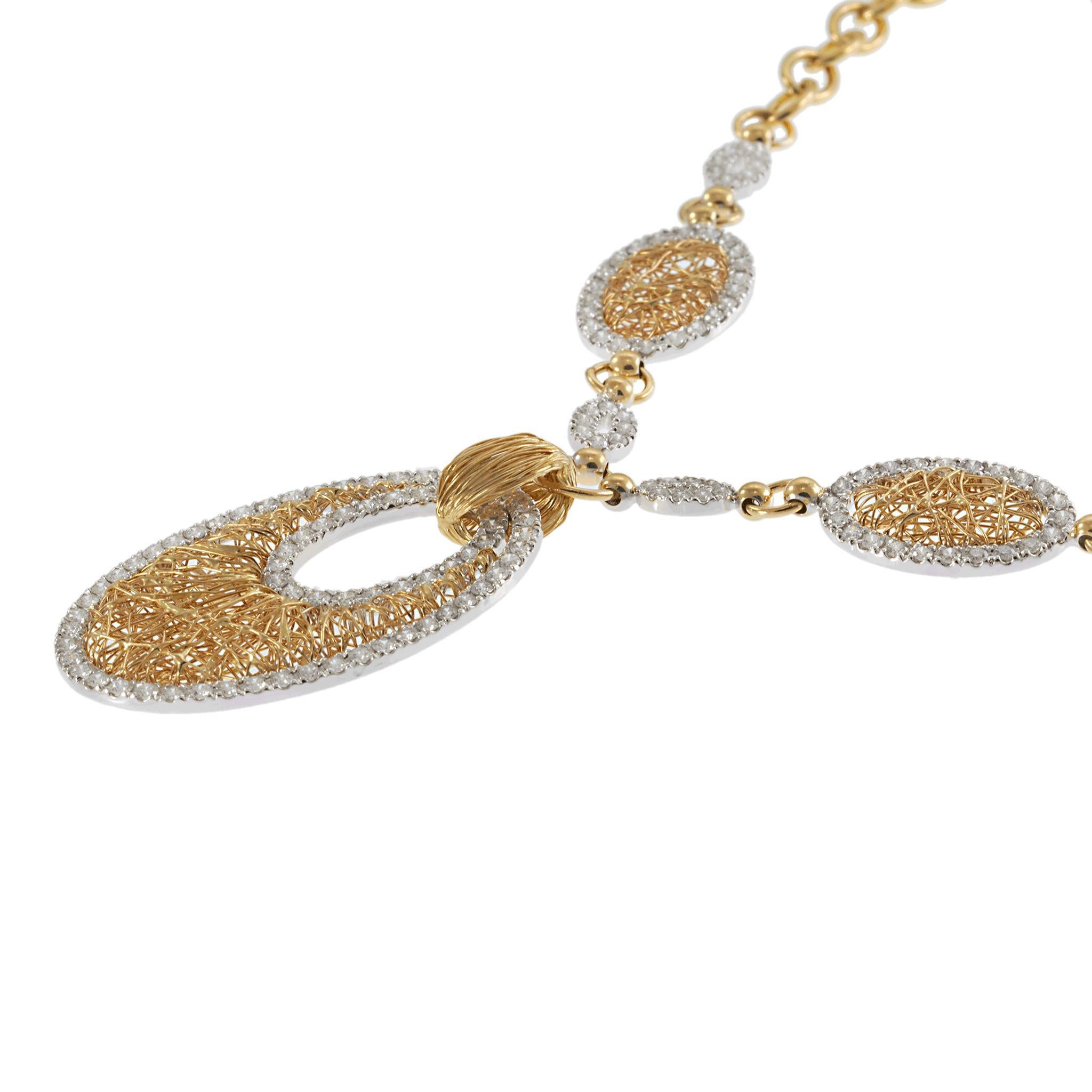 Estate Italian 18KT Gelbgold Mesh Diamond Drop Halskette (Rundschliff) im Angebot