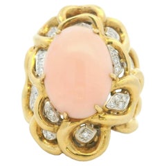 Estate Italian Angel Skin 8 Ct Coral and Diamond Ring in 18K Yellow Gold, Size 9