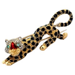 Estate Italian Designer Diamond Emerald Red & Black Enamel Panther Brooch