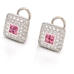 Estate Italian Diamond Pink Sapphire 18 Karat Omega Clip Earrings