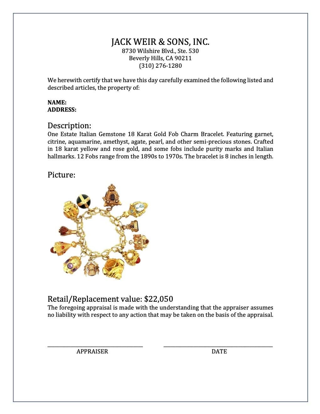 Estate Italian Gemstone 18 Karat Gold Fob Charm Bracelet In Good Condition In Beverly Hills, CA