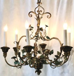 Estate Italian Hand-Painted Iron and Tole Chandelier, Circa 1950-1960