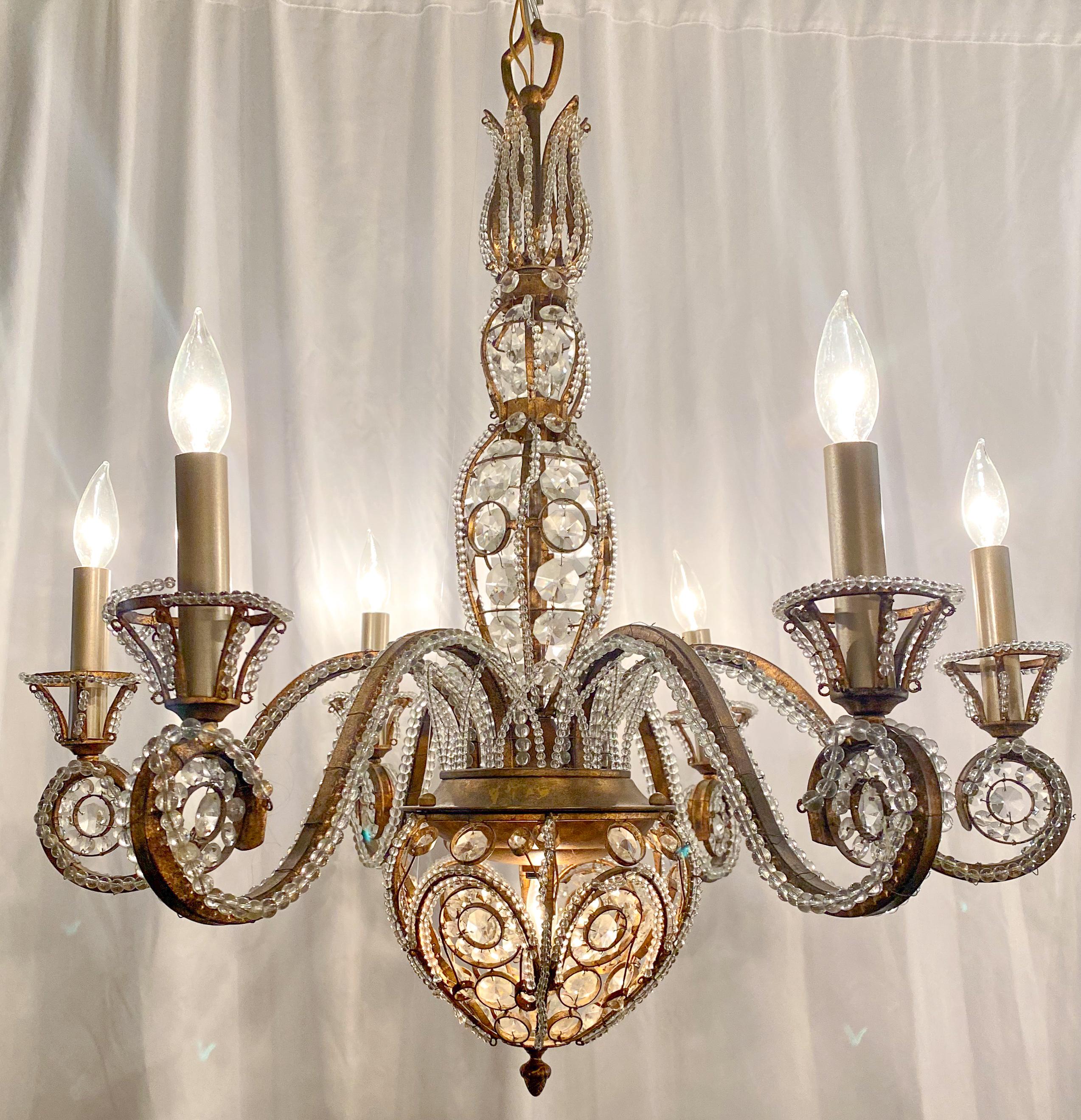 Estate Italian iron and tole beaded crystal chandelier, circa 1920.