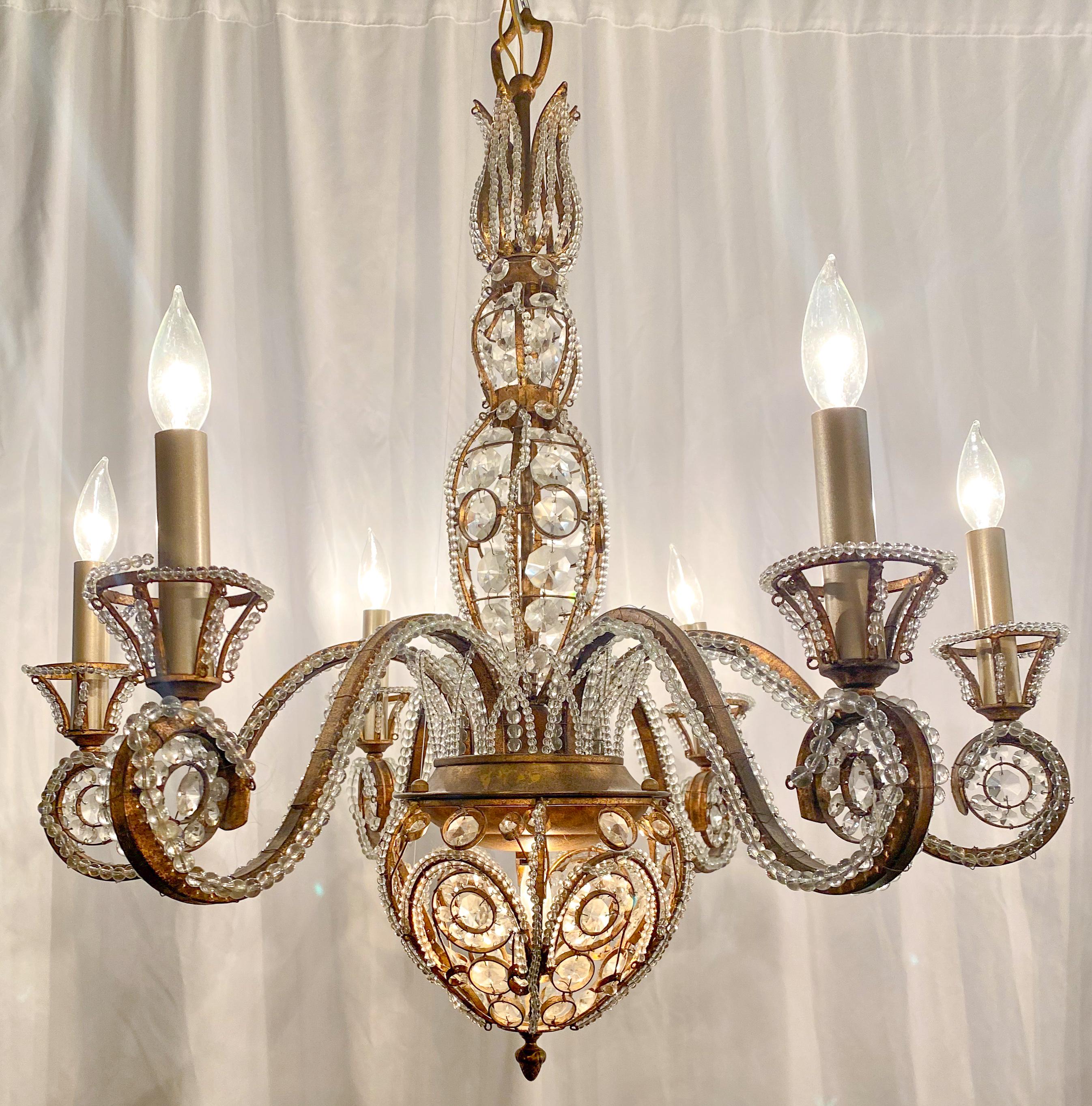 Estate Italian Iron and Tole Beaded Crystal Chandelier, circa 1920 In Good Condition In New Orleans, LA