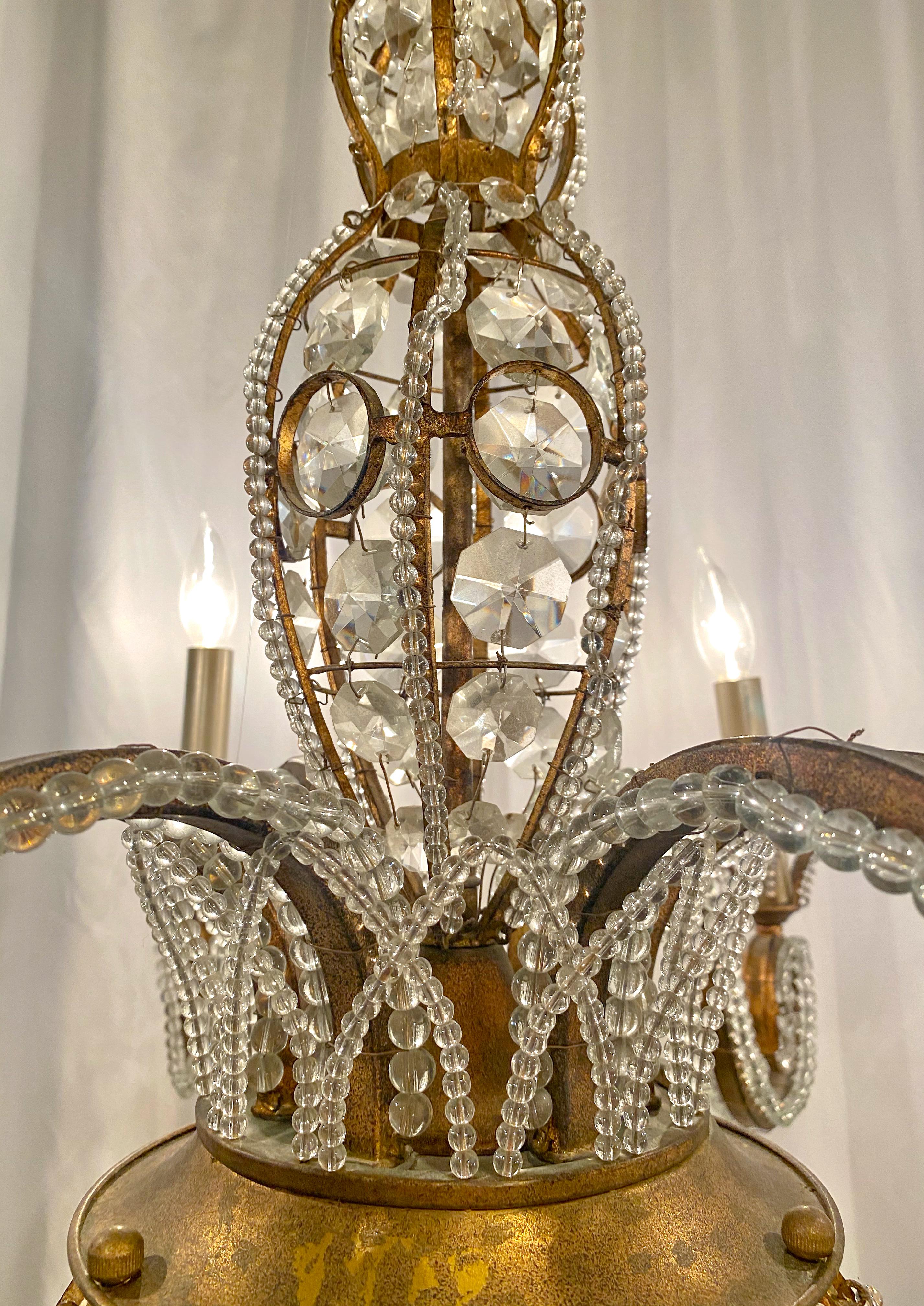 Estate Italian Iron and Tole Beaded Crystal Chandelier, circa 1920 1