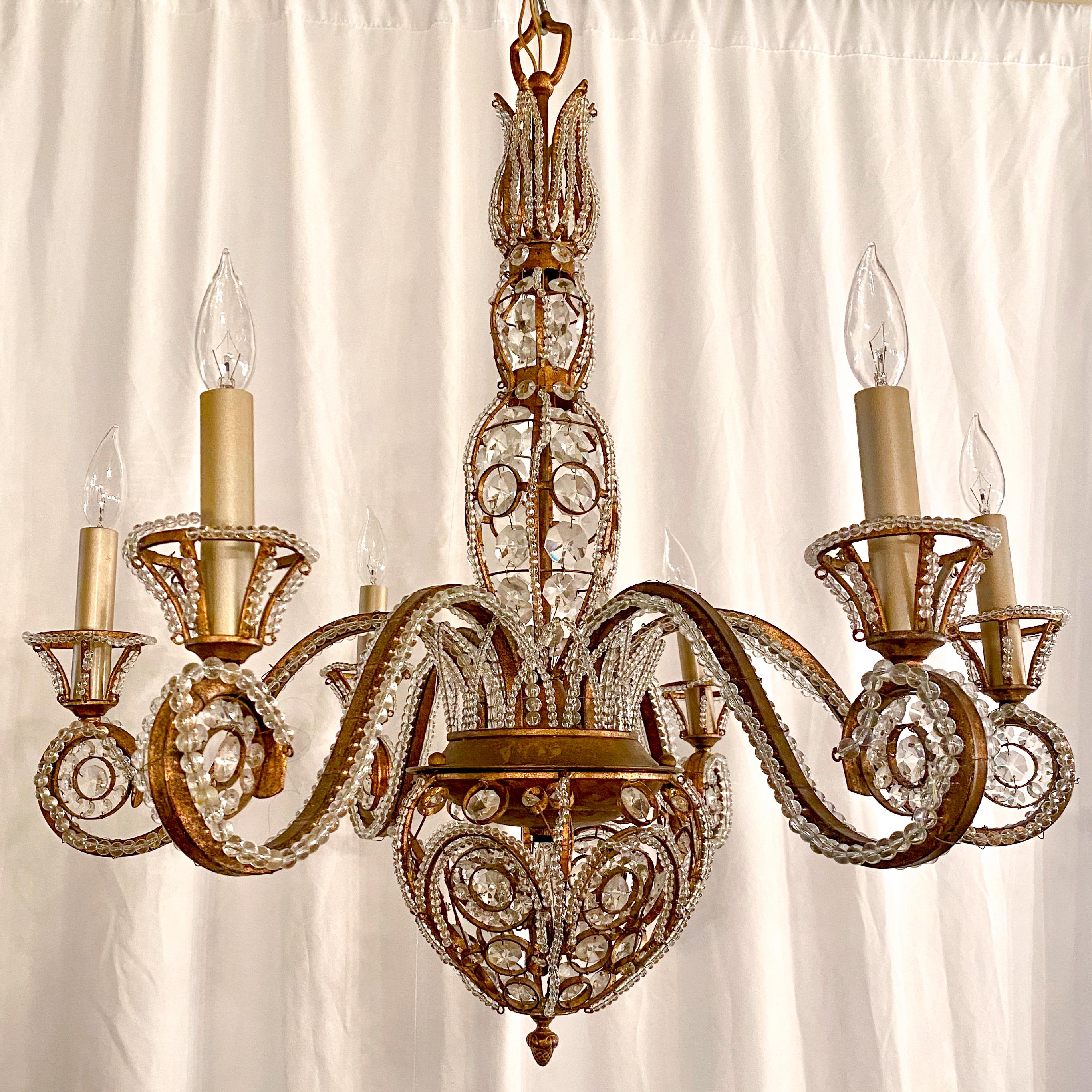 Estate Italian Iron and Tole Beaded Crystal Chandelier, circa 1920 4