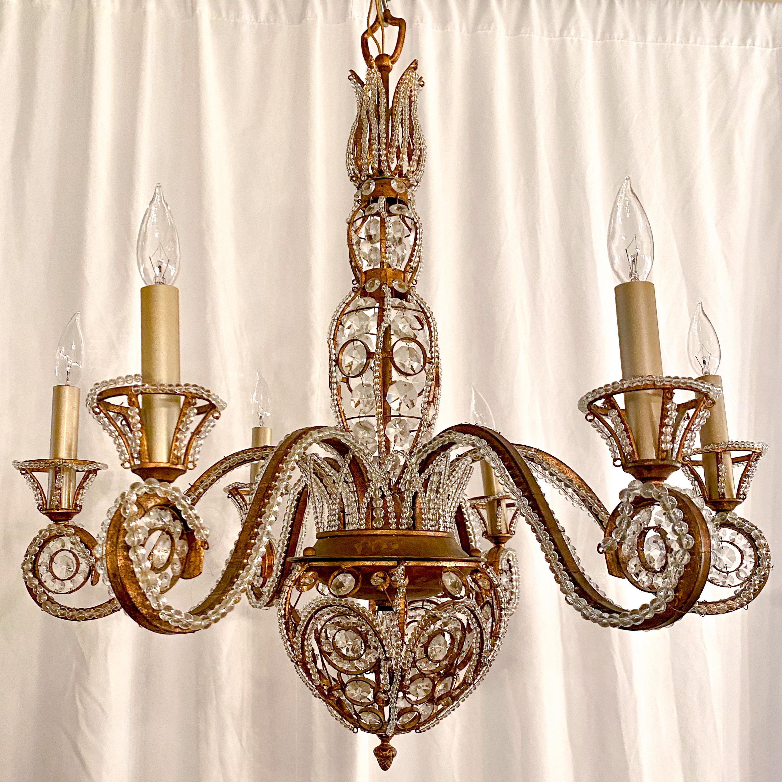 Estate Italian Iron and Tole Beaded Crystal Chandelier, circa 1920 5