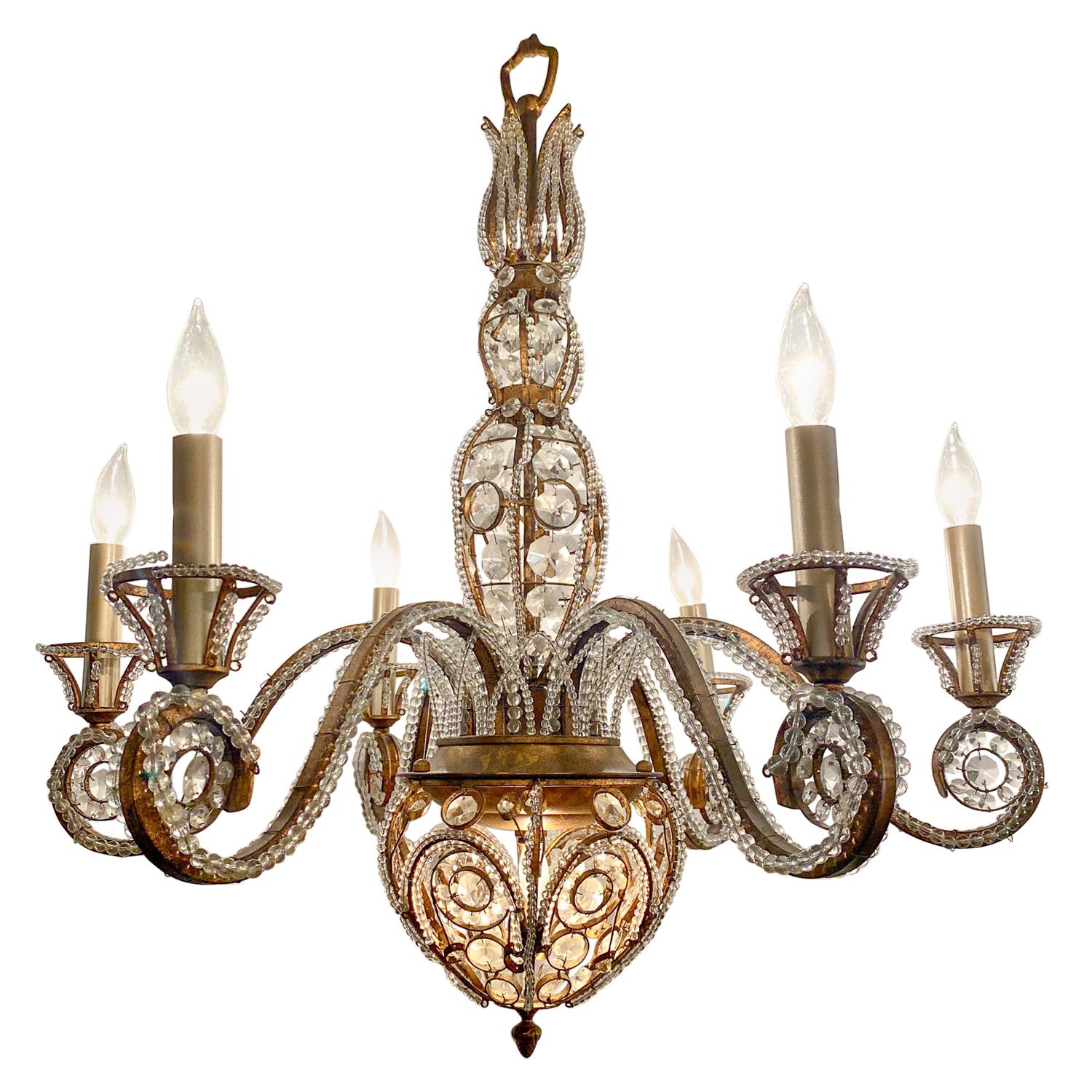 Estate Italian Iron and Tole Beaded Crystal Chandelier, circa 1920