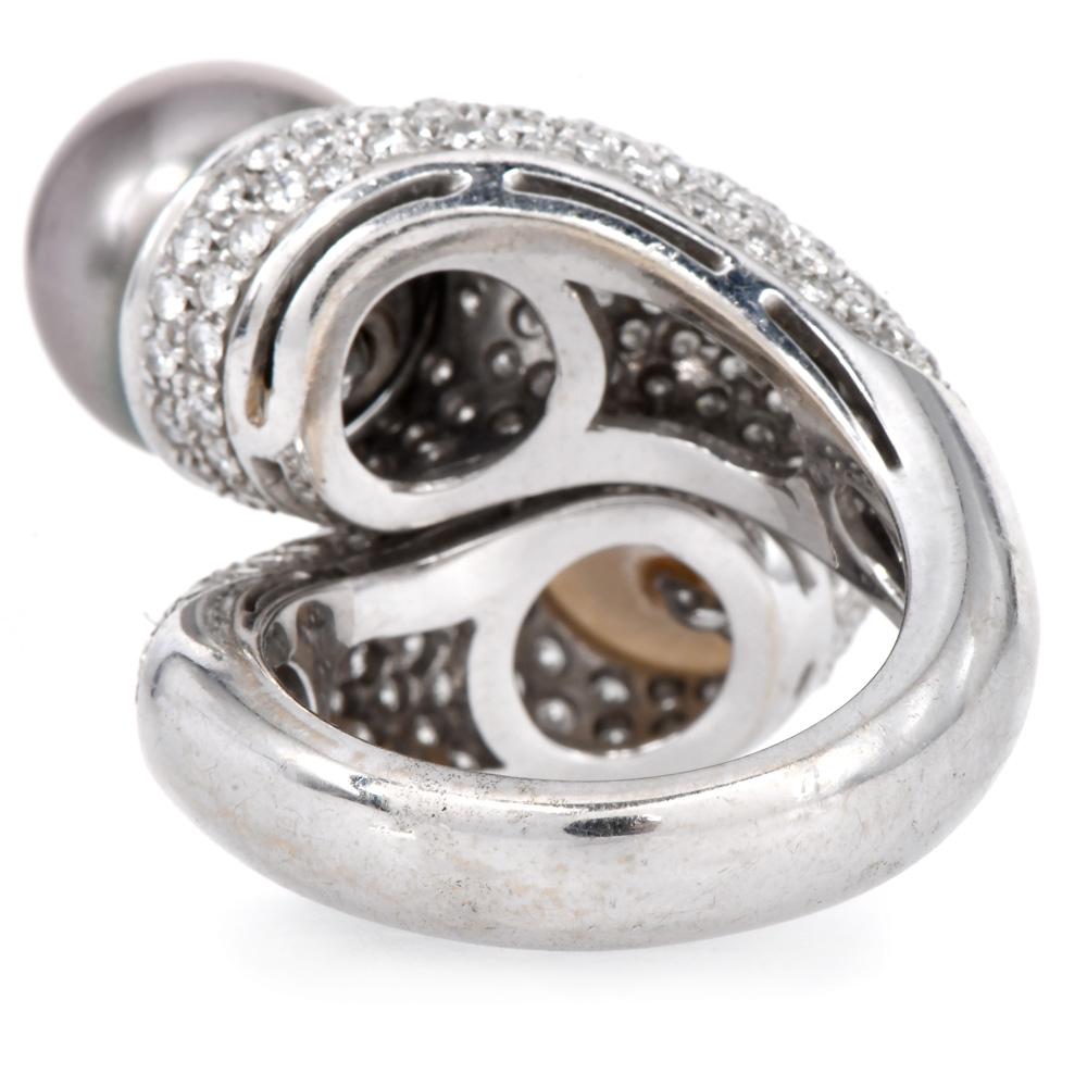 Bague cocktail YingYang bypass en or 18 carats avec perle italienne et diamants, ancienne propriété en vente 1
