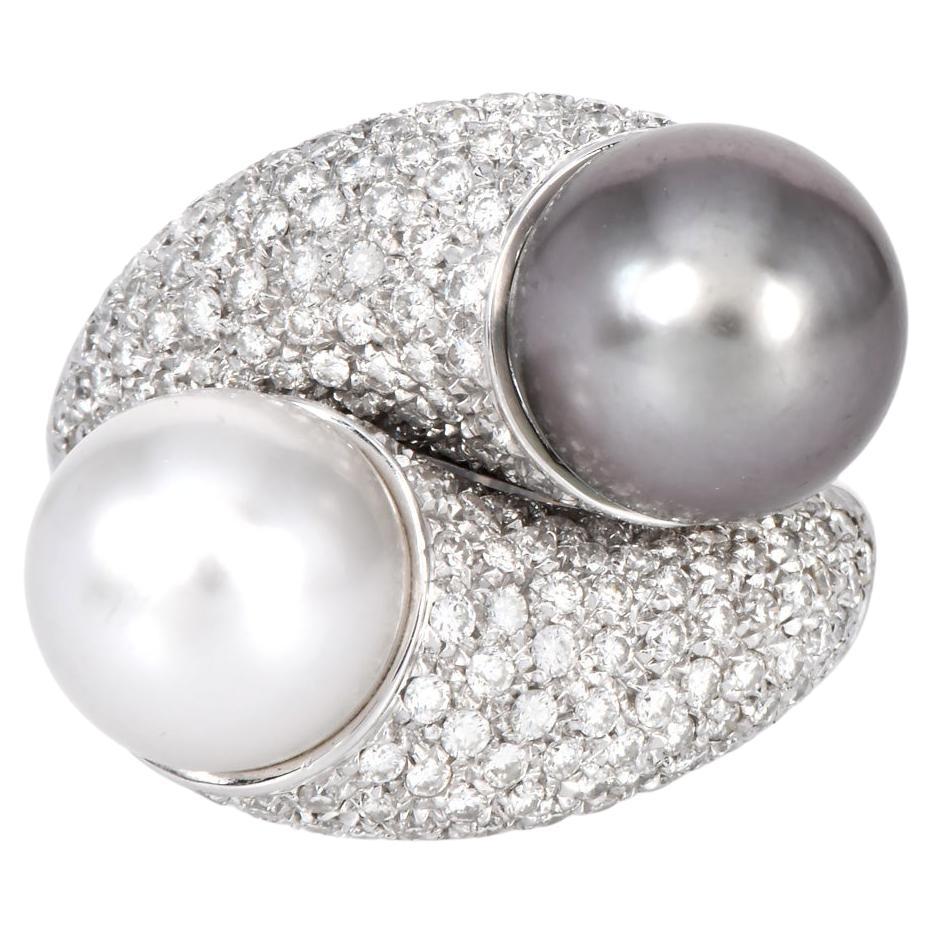 Estate Italian Pearl Diamond 18K Gold Bypass YingYang Cocktail Ring