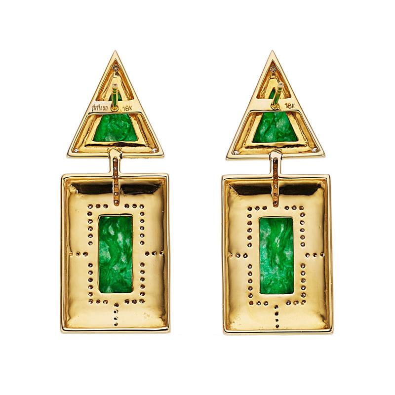 This exquisite pair of estate earrings feature 4 pieces of lab certified Type A natural green jadeite jade. Each marbled natural jade is accentuated by 0.70 carats of round cut diamonds. The post-back drop earrings are set in 18K yellow gold with a