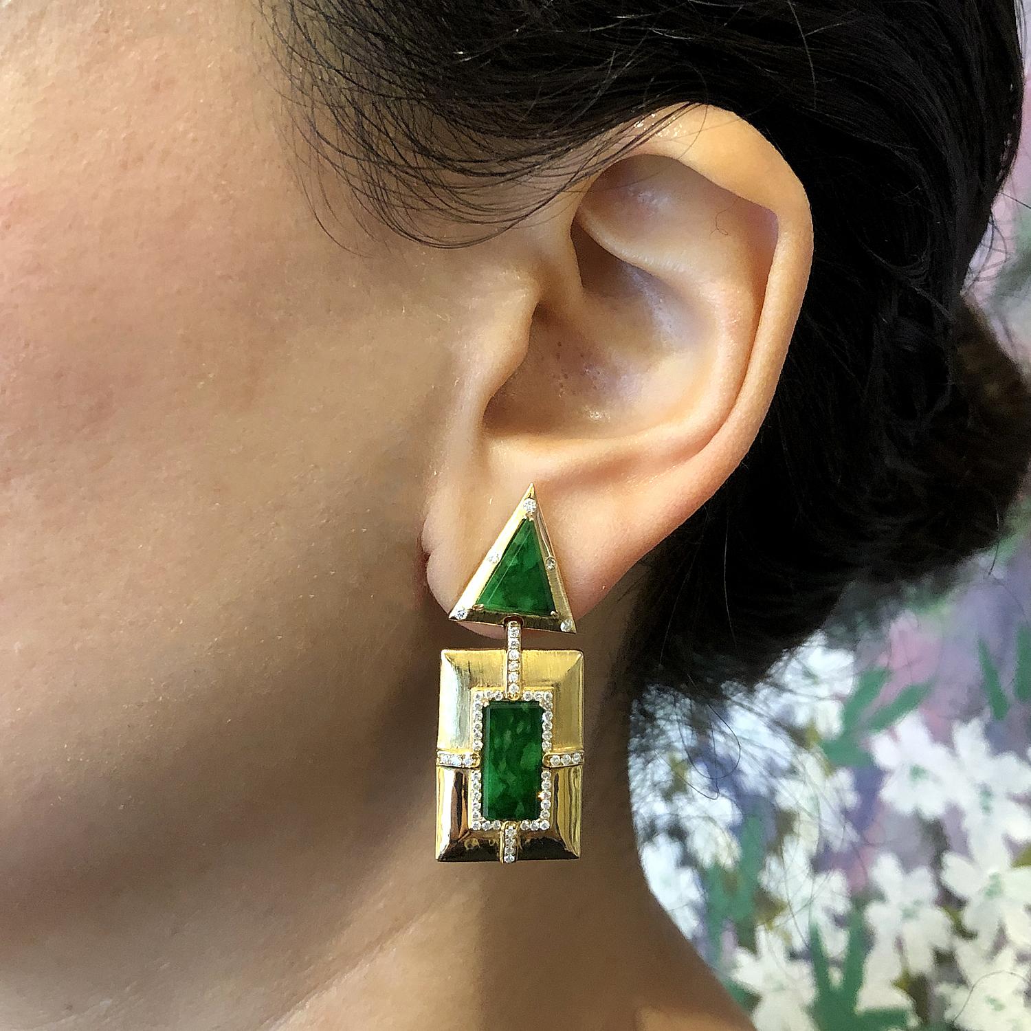 Women's Estate Jadeite Jade Diamond Gold Drop Earrings
