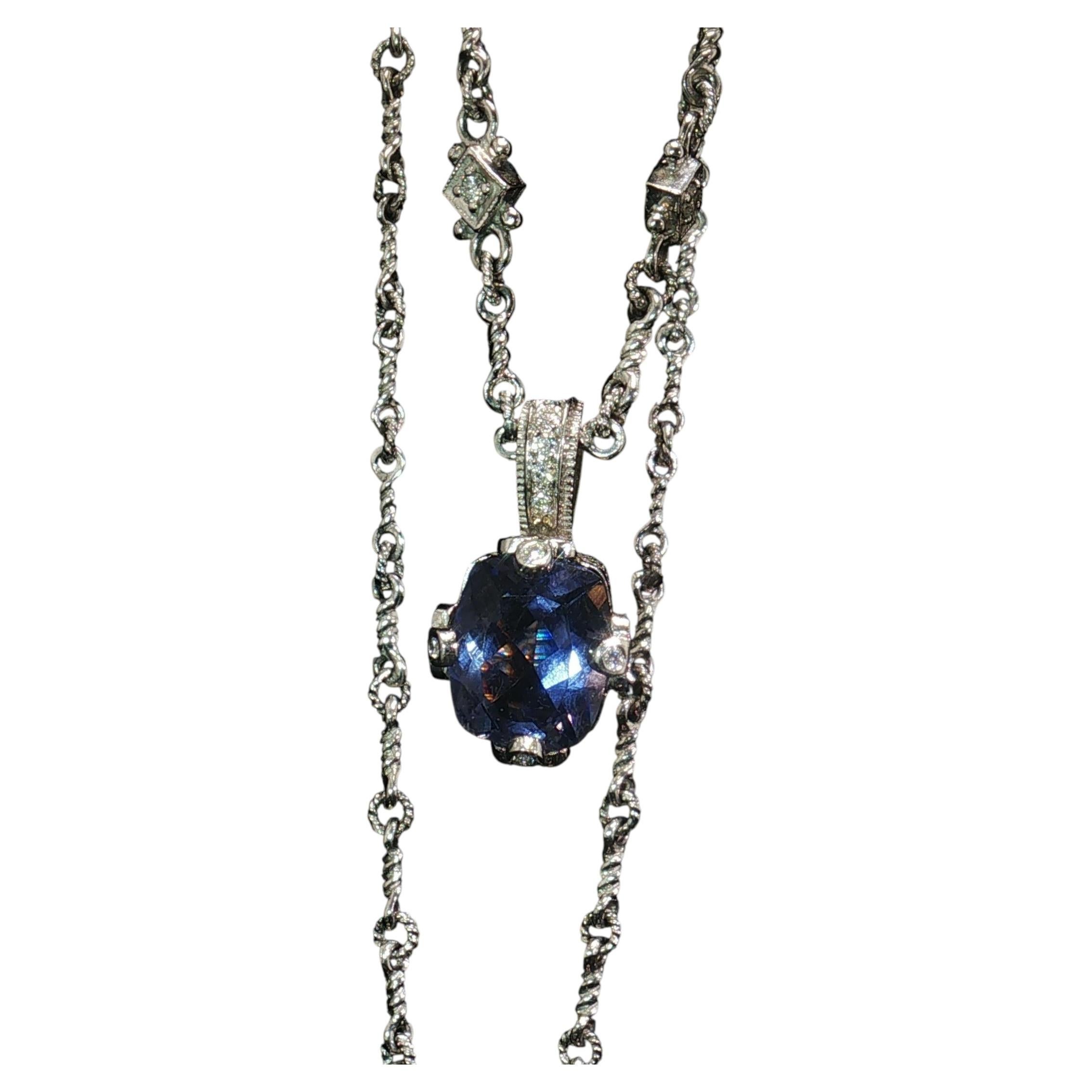 Estate Judith Ripka 18K White Gold Diamond Iolite Enhancer Pendant Necklace 16" For Sale
