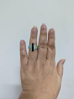 Estate Kabana Green Tourmaline, Opal, and White Diamond Ring in 14K Yellow Gold
