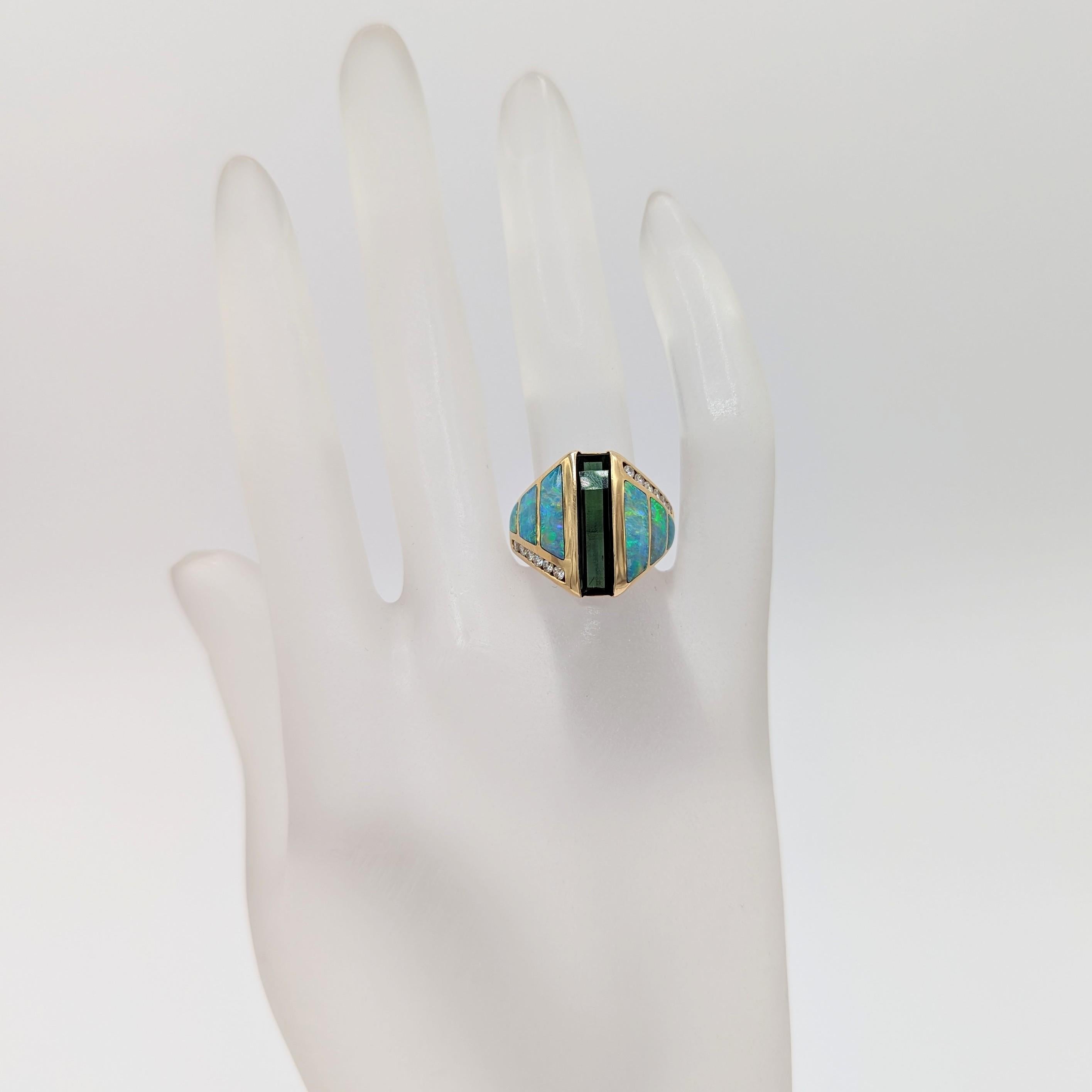 Emerald Cut Estate Kabana Green Tourmaline, Opal, and White Diamond Ring in 14K Yellow Gold